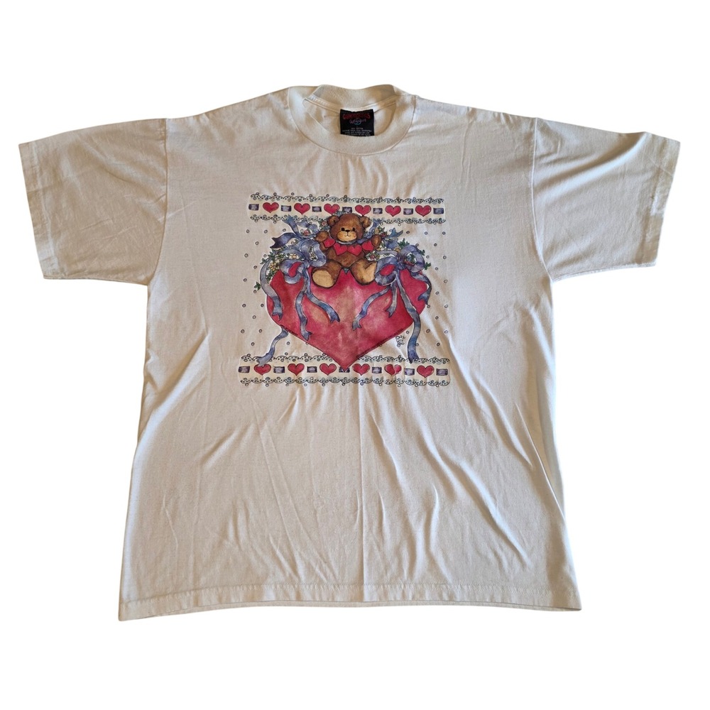 Vintage 1992 Lucy Rigg Teddy Bear Valentine T-Shirt Large White Single Stitch L